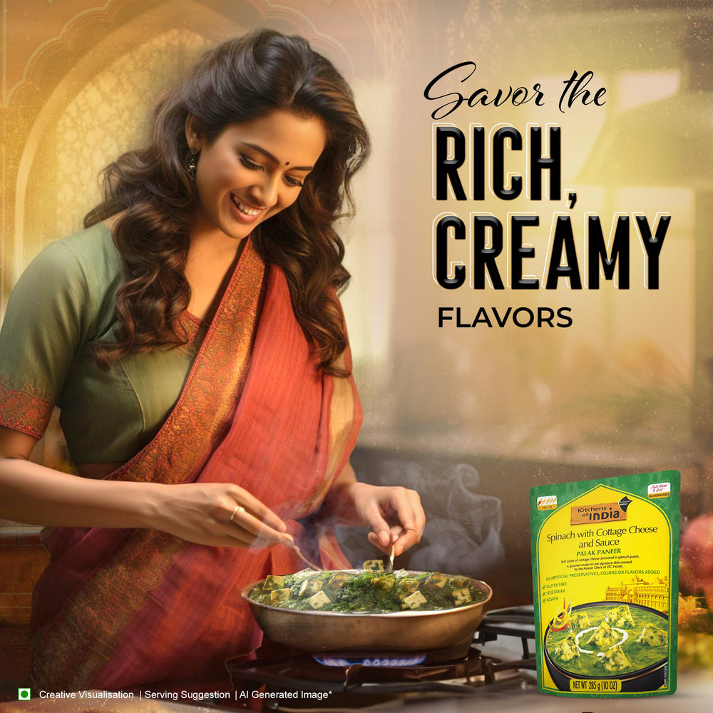 Kitchens of India Palak Paneer cottage cheese closeup, soft cubes in vibrant spinach sauce.