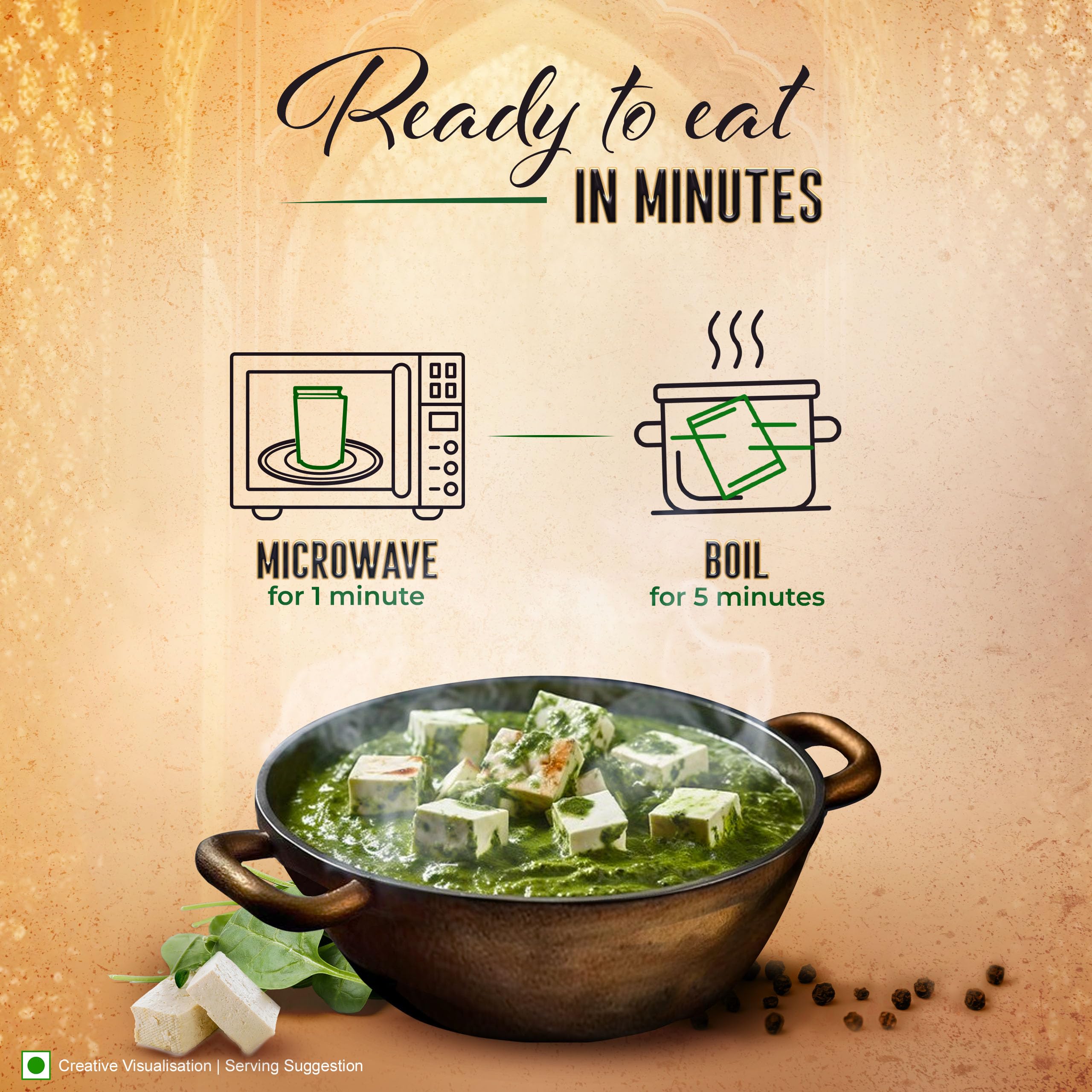 Kitchens of India Palak Paneer ready-to-heat serving suggestion on plate.
