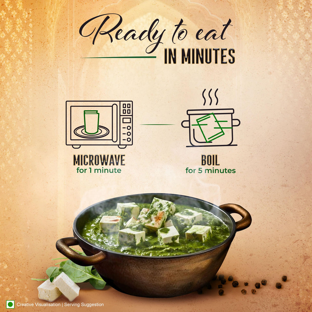 Kitchens of India Palak Paneer ready-to-heat serving suggestion on plate.