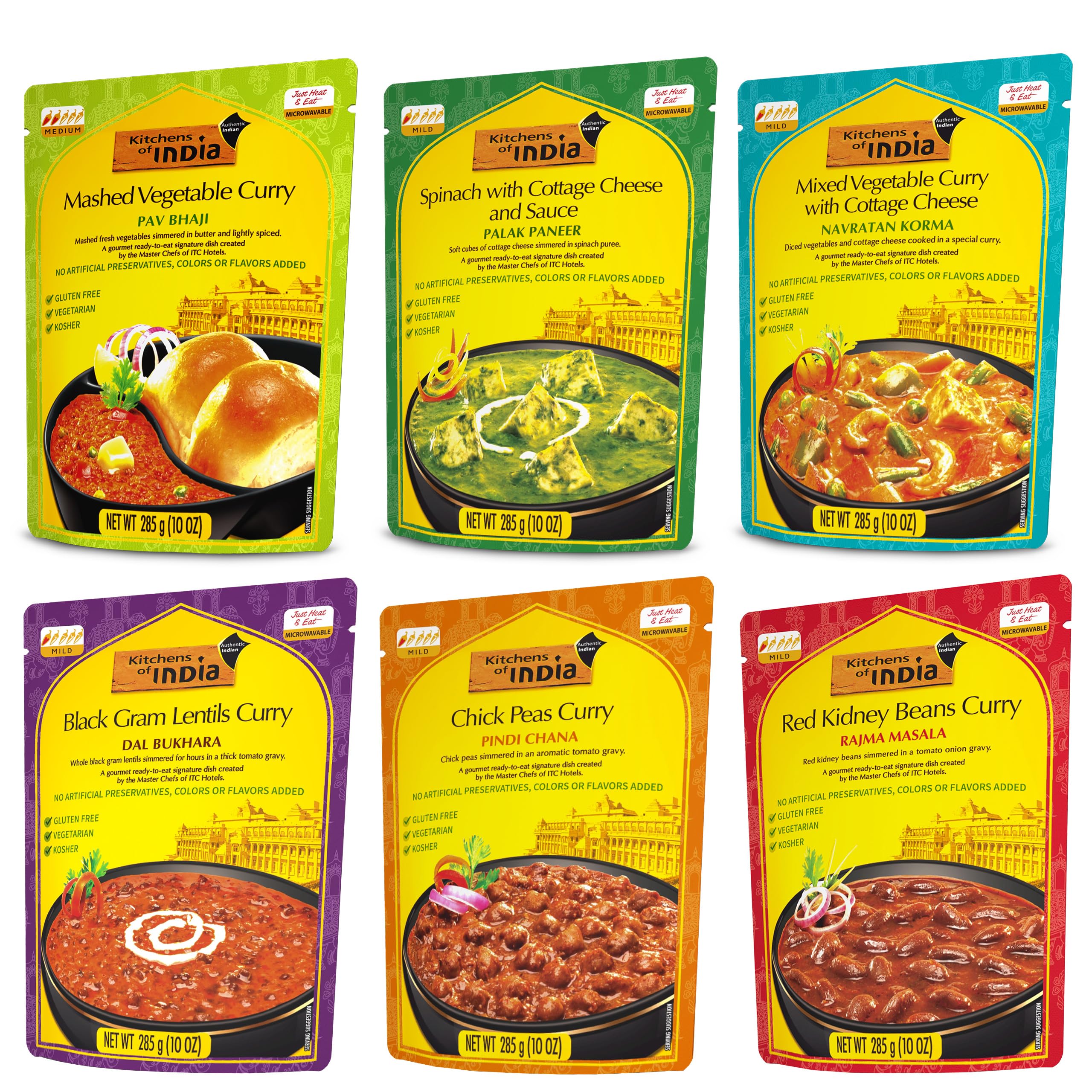 Kitchens of India ready-to-eat dinner variety pack box on shelf for quick meals.