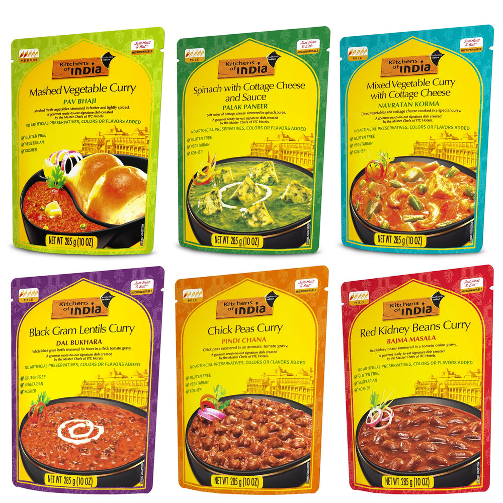 Kitchens of India ready-to-eat dinner variety pack box on shelf for quick meals.