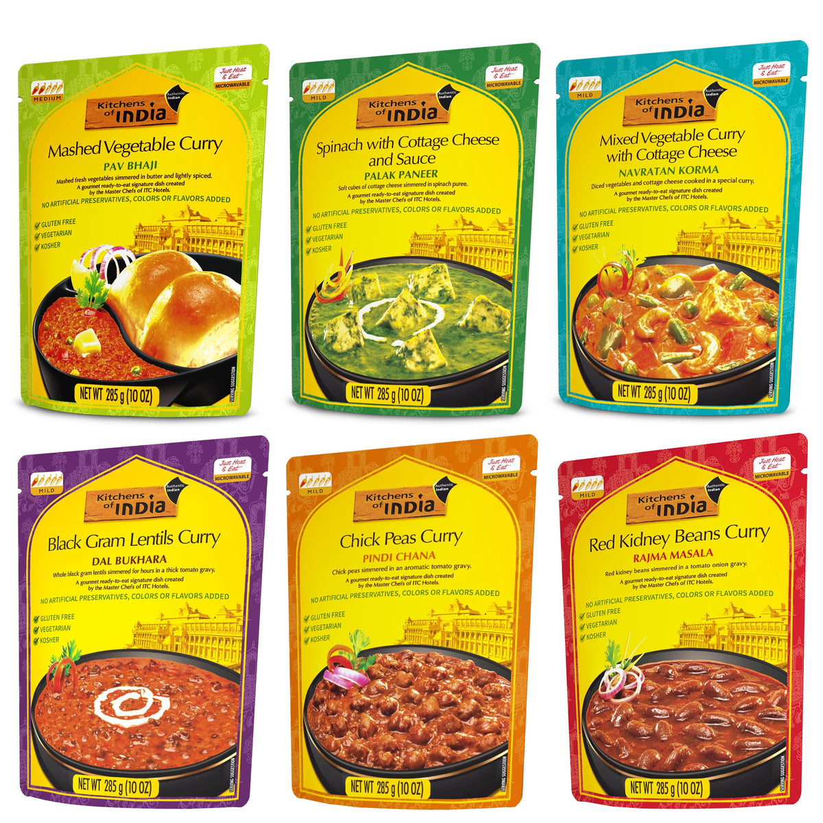 Kitchens of India ready-to-eat dinner variety pack box on shelf for quick meals.