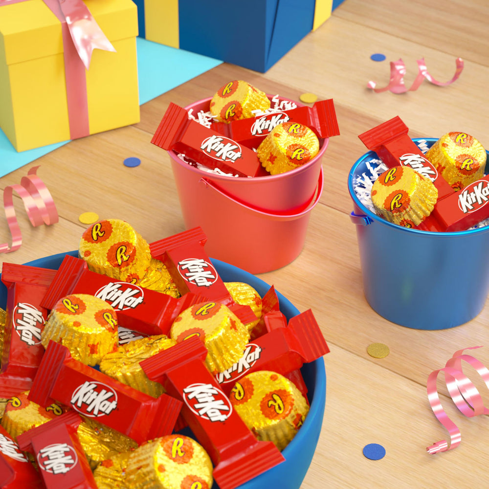 Kit Kat and Reese's Miniatures individually wrapped, ensuring lasting freshness for gatherings.