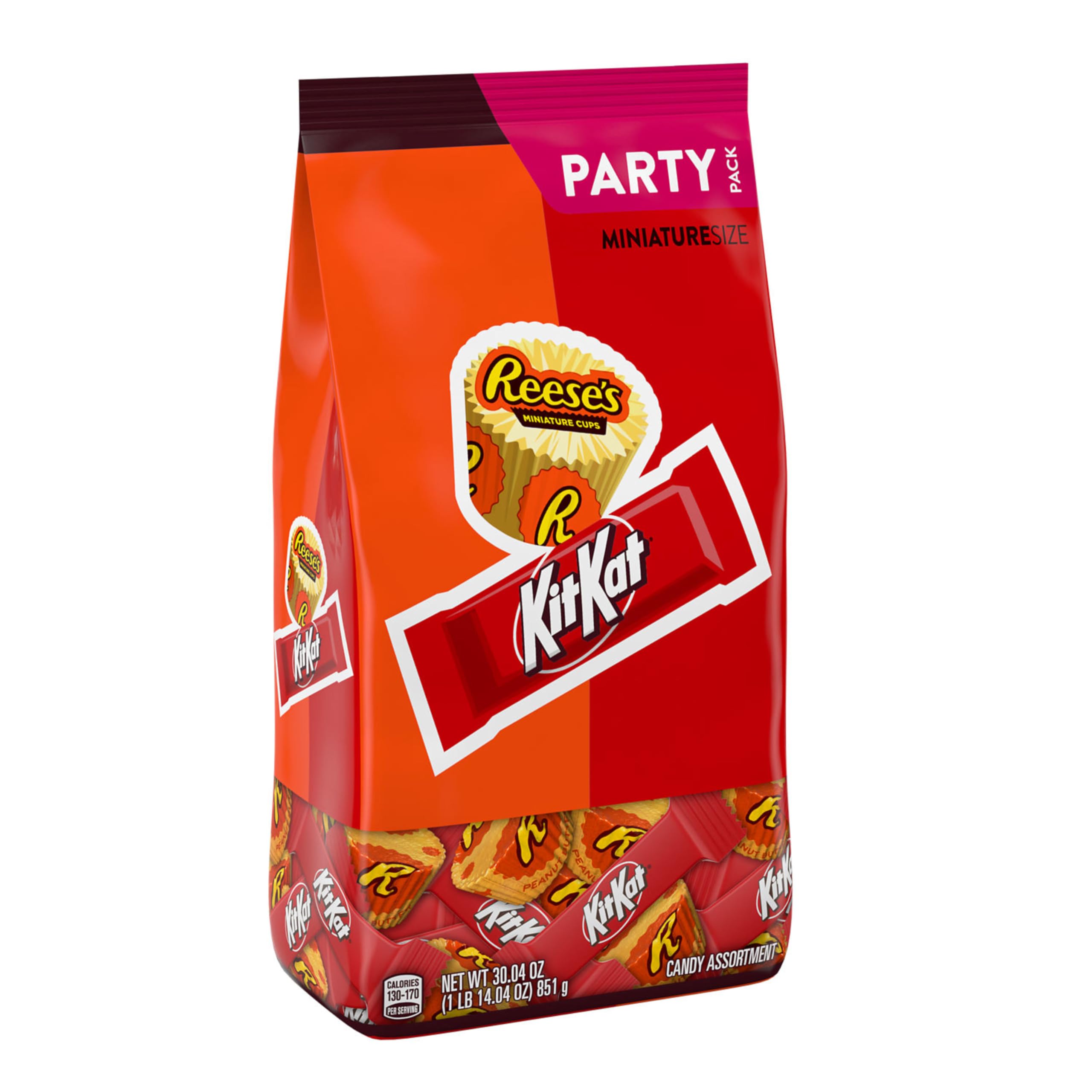 Kit Kat and Reese's Miniatures milk chocolate bars cross-section, creamy centers and crisp wafers.