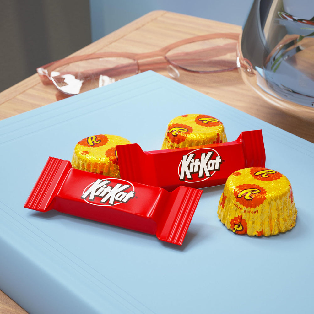Kit Kat and Reese's Miniatures in an office break room, quick treat during long workdays.