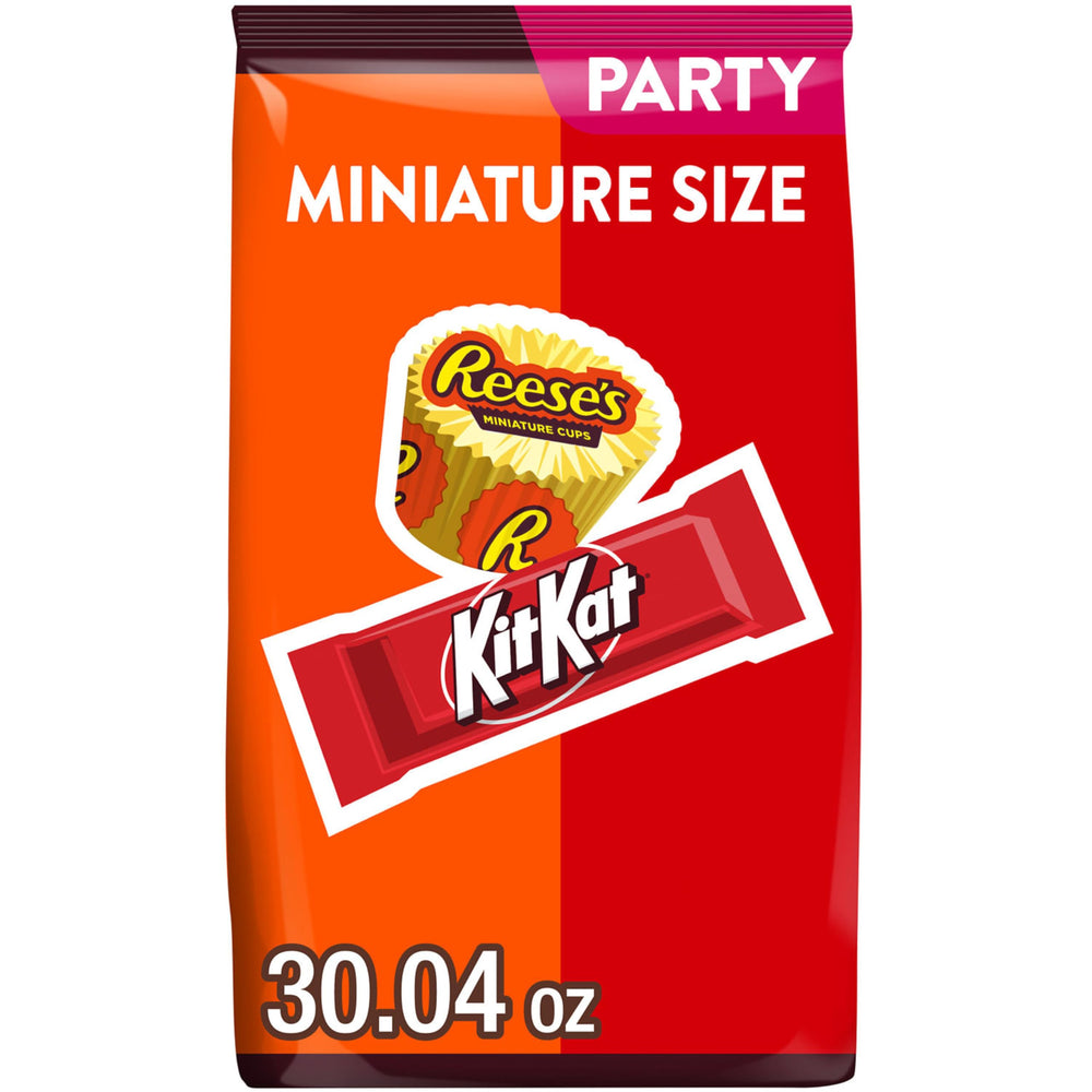 Kit Kat and Reese's Miniatures party pack front view, perfect for sharing at gatherings.