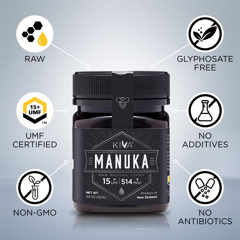 8.8 oz bottle of Kiva Manuka Honey ready to enjoy.