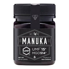 Kiva Manuka Honey UMF15 bottle showing pure New Zealand origins.