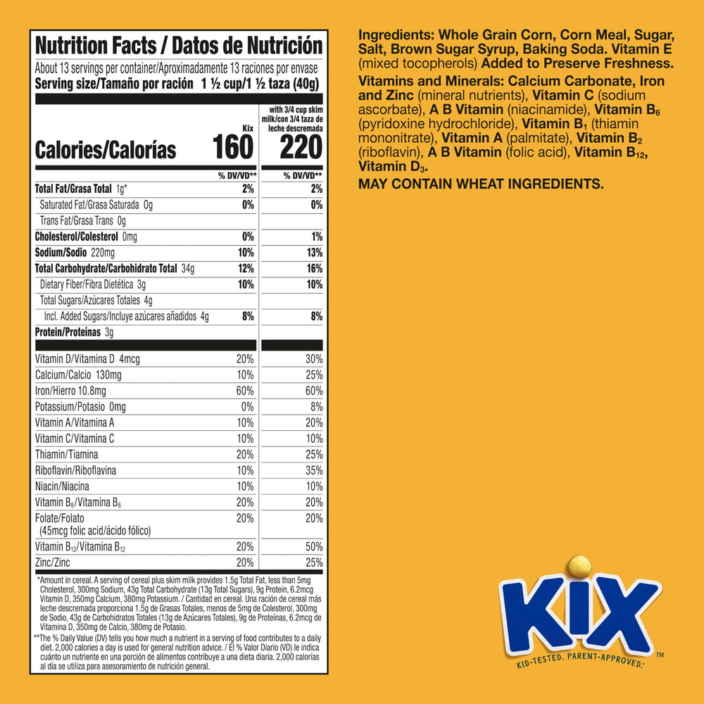 Kix cereal poured into milk delivers a crunchy, kid-friendly start.