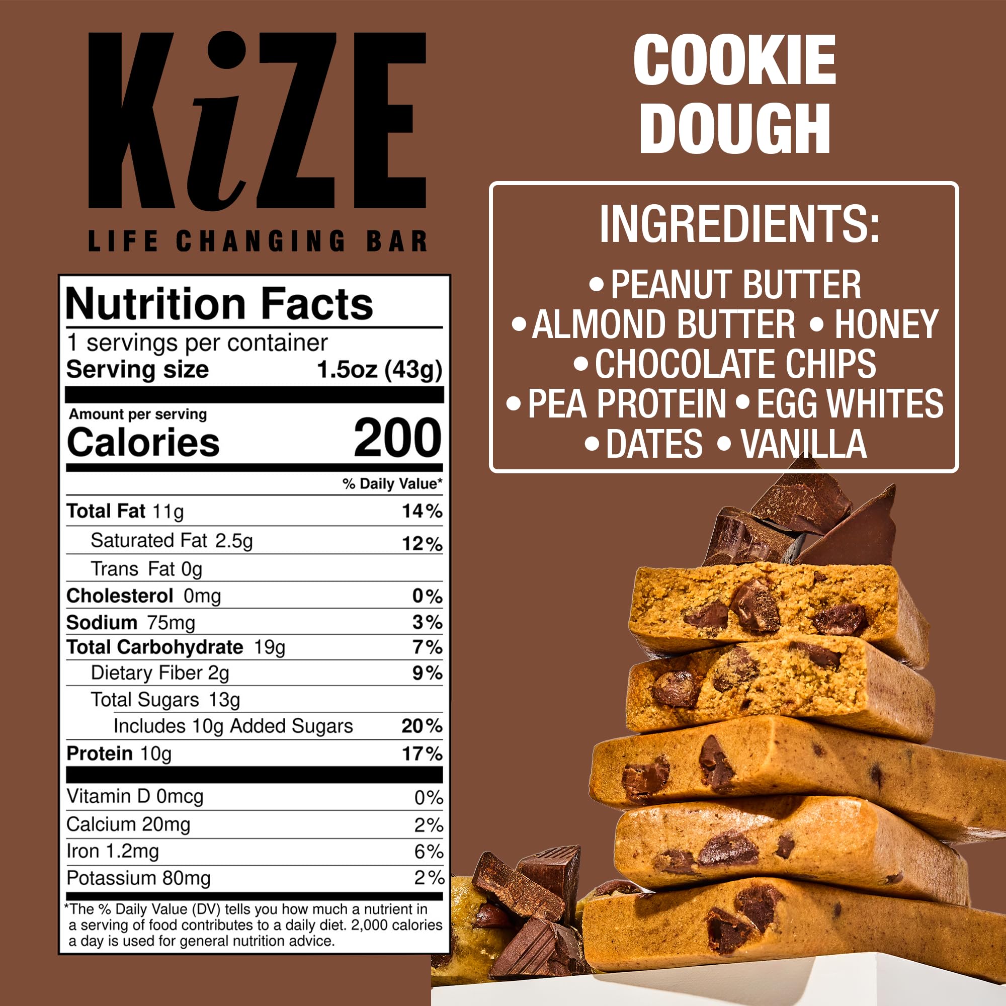 KiZE Cookie Dough bars dairy-free, perfect for lactose-free snacking on the go
