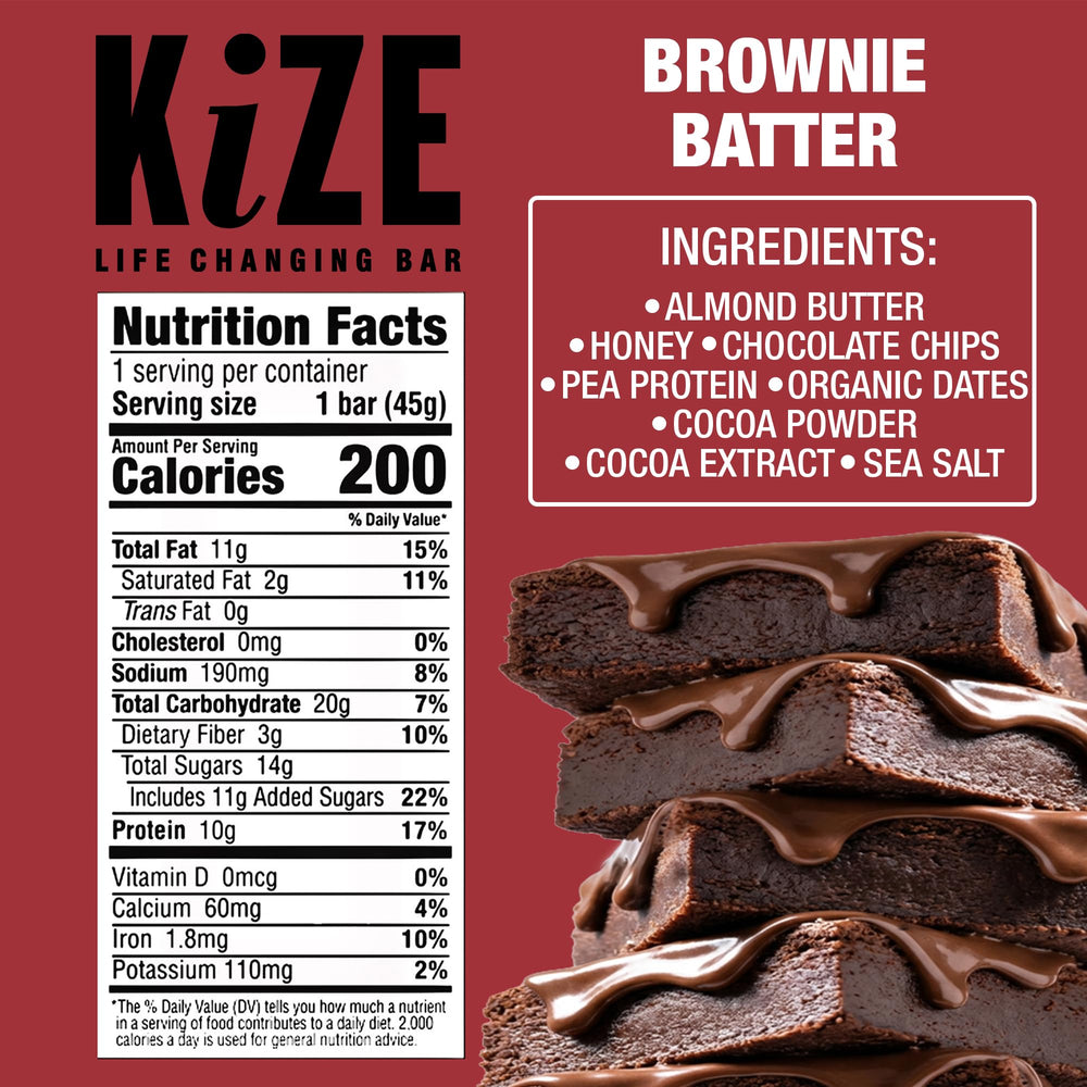 KiZE energy bar emphasizing almond butter base for creamy texture and protein.
