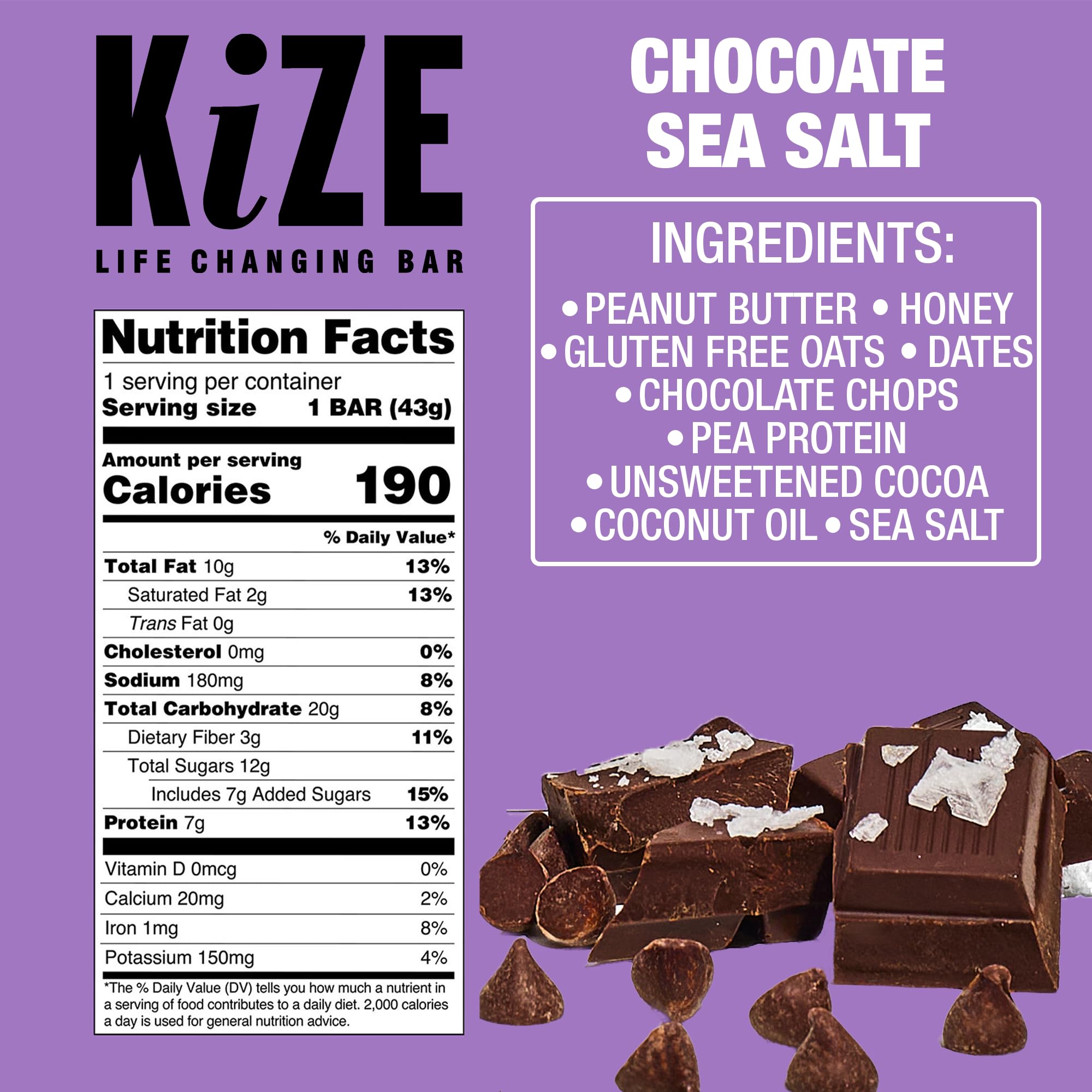 KiZE Energy Bar Chocolate Sea Salt close-up showing real-food ingredients and 7g protein per bar.