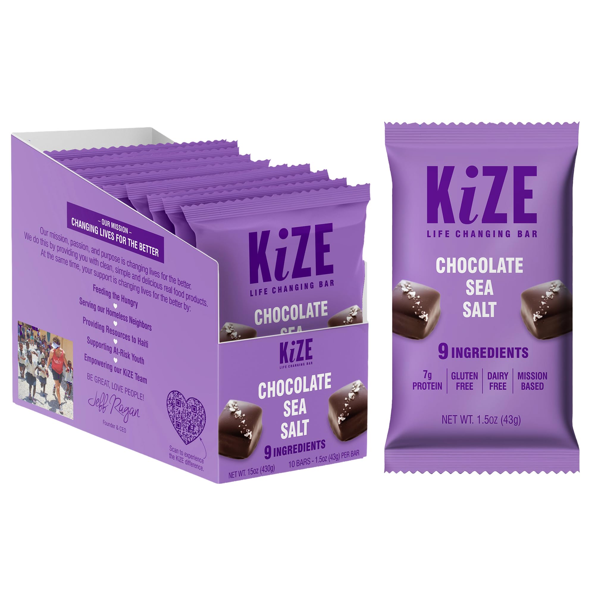 KiZE Energy Bar Chocolate Sea Salt package highlights gluten-free and dairy-free nutrition for on-the-go meals.