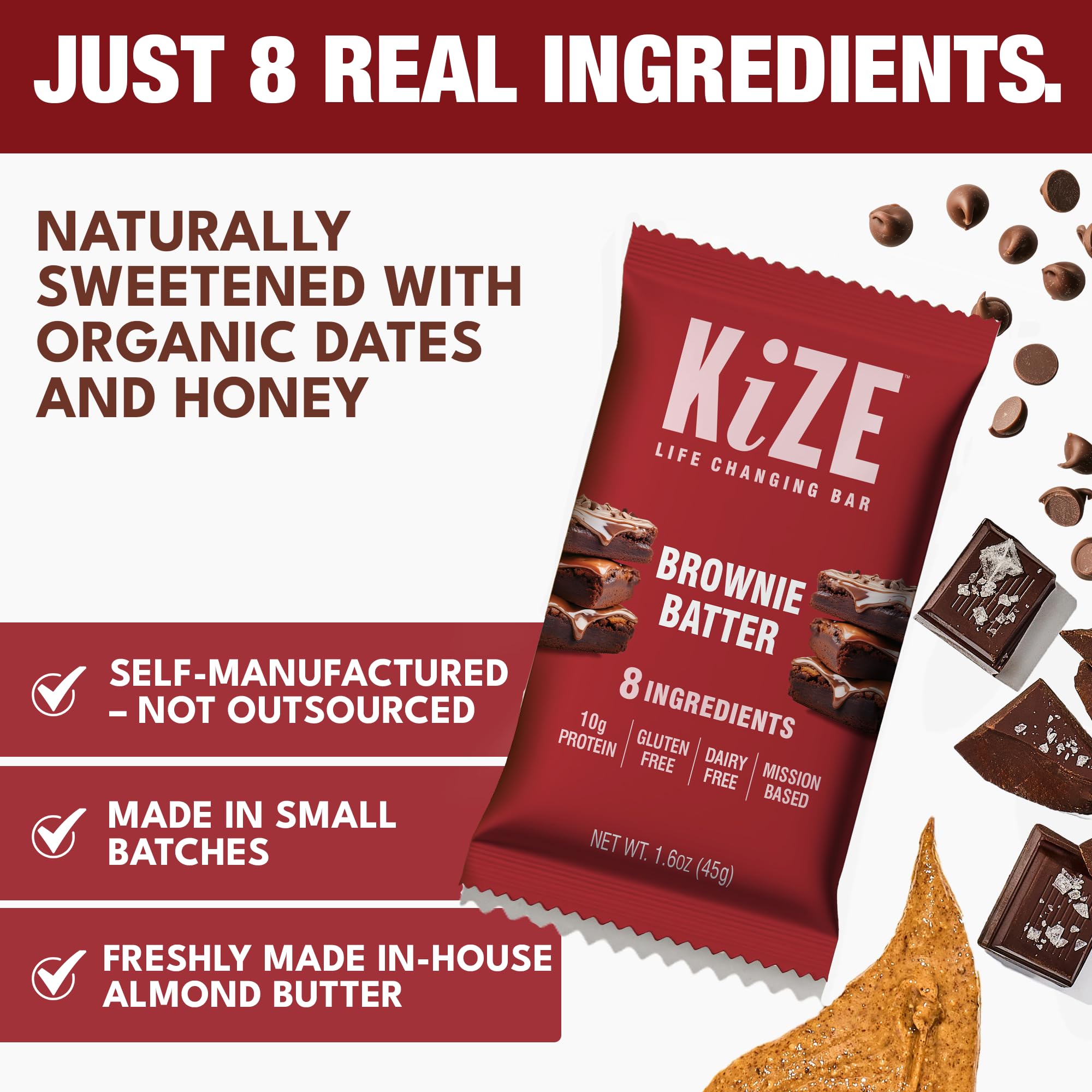 KiZE gluten-free energy bar highlighting simple real-food ingredients.