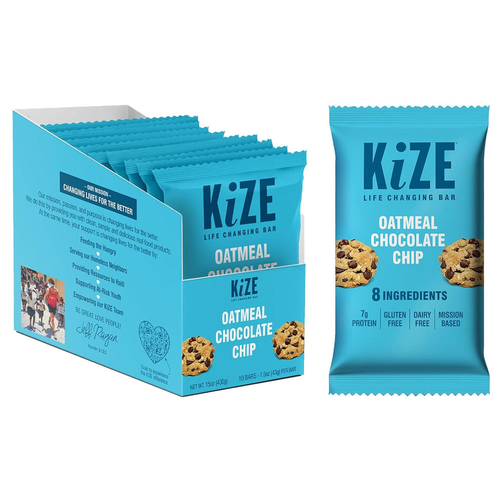 KiZE Energy Bar oatmeal chocolate chip front view highlights protein-rich snack.