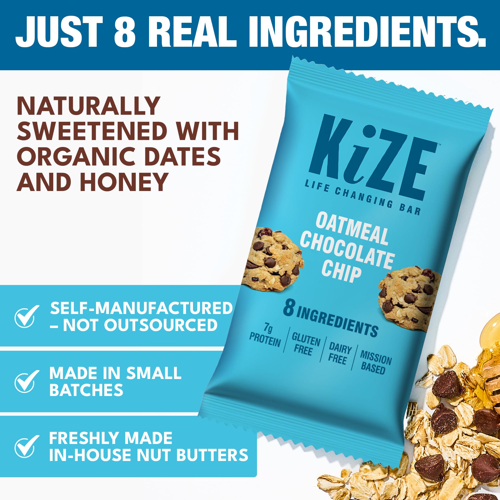 KiZE Energy Bar close-up reveals oats and chips from real ingredients.