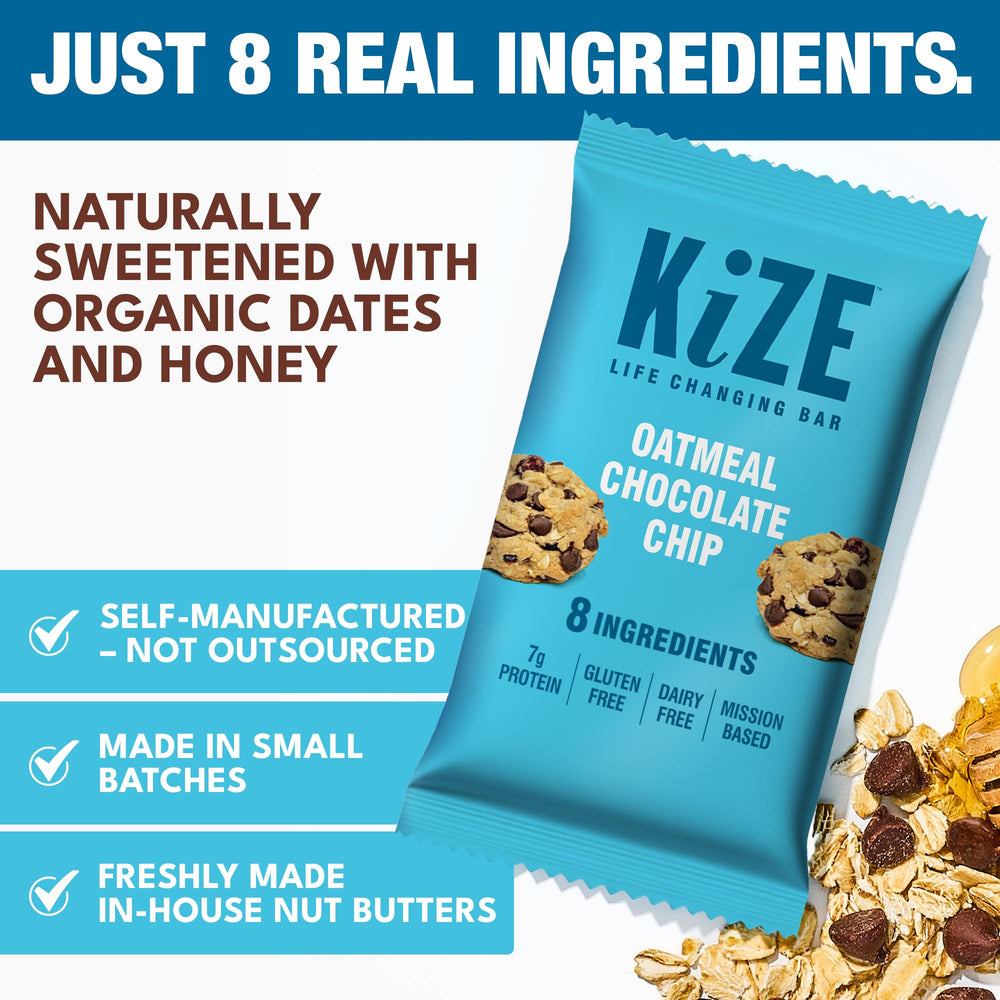 KiZE Energy Bar close-up reveals oats and chips from real ingredients.
