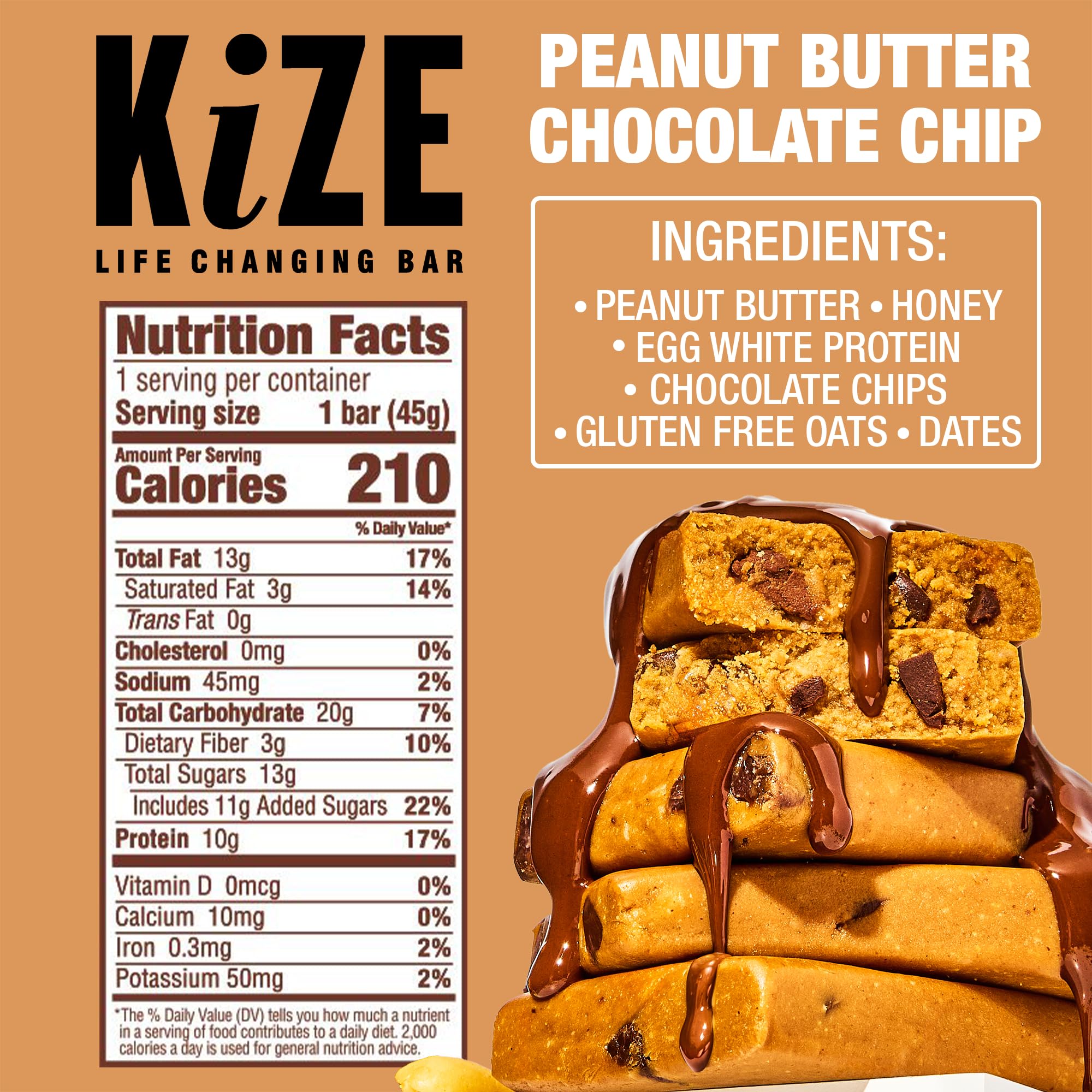 KiZE bar ingredients close-up featuring peanut butter and chocolate chips