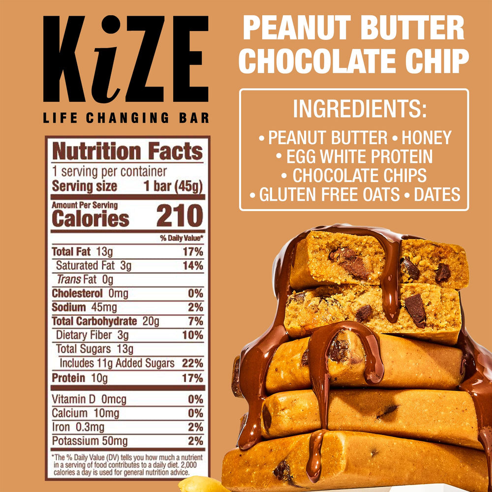 KiZE bar ingredients close-up featuring peanut butter and chocolate chips