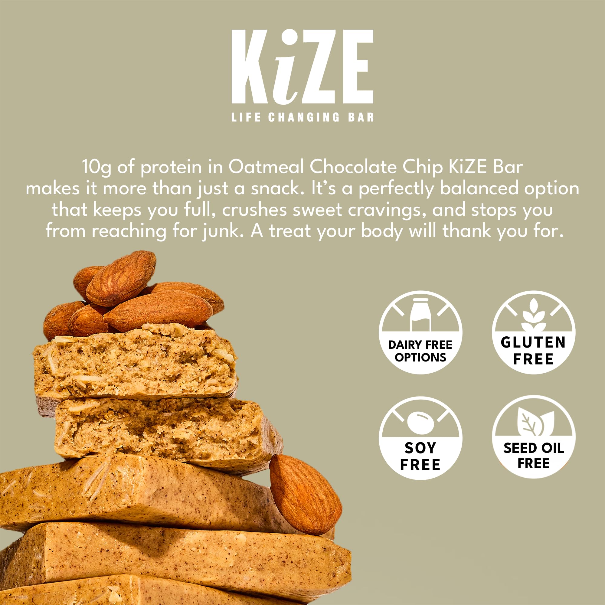 KiZE bar break-open showing simple, five real-food ingredients.