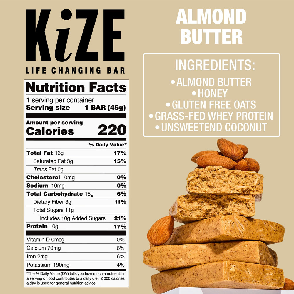 KiZE Almond Butter bar closeup highlights creamy texture and clean, real-food ingredients.