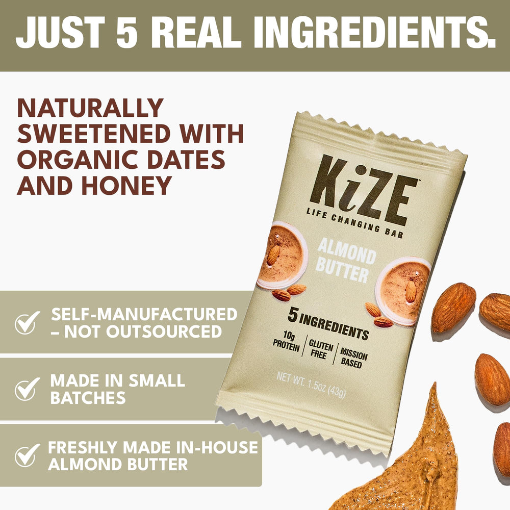 KiZE Energy Bar nutrition facts card reveals 10g protein per bar for sustained energy.