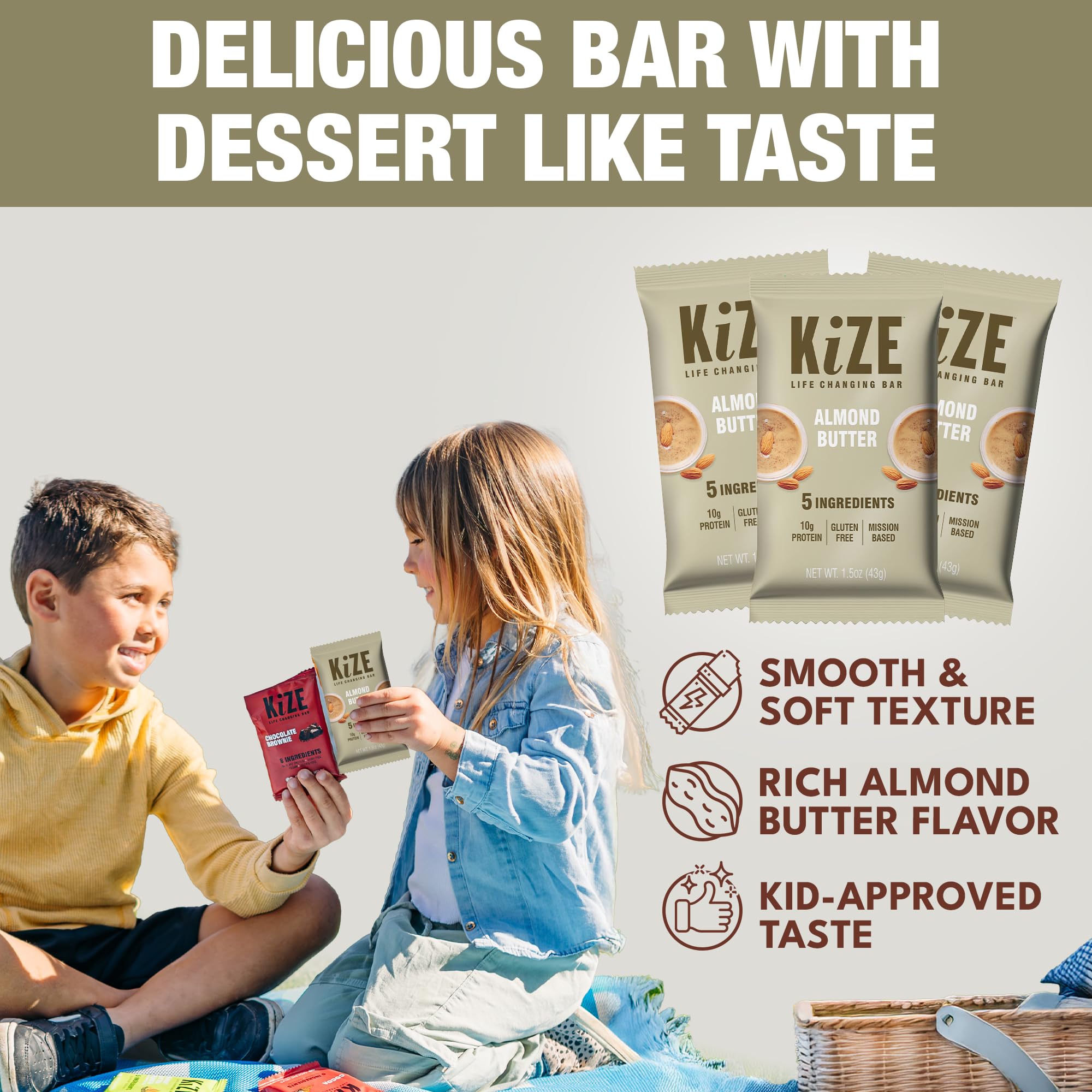 KiZE Almond Butter bar on the go demonstrates convenient, ready-to-eat healthy snack.
