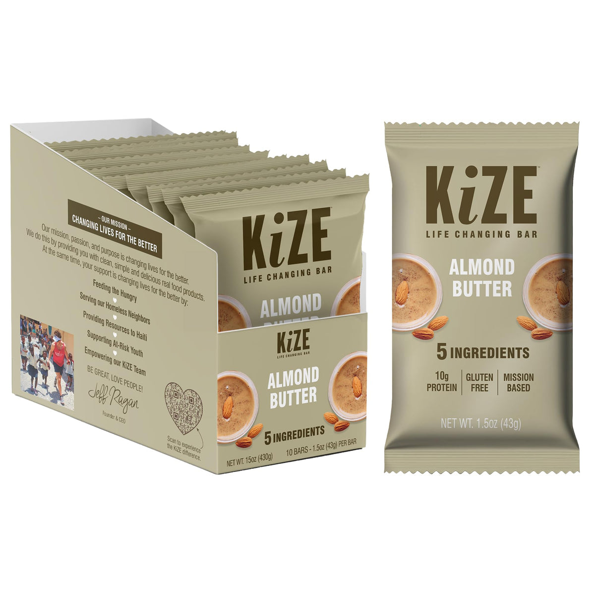 KiZE Energy Bar Almond Butter pack showcases gluten-free, high-protein snack for on-the-go nutrition.