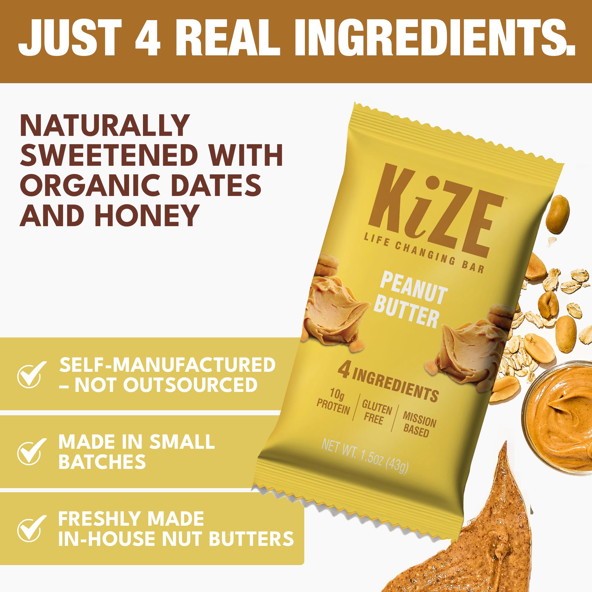 KiZE Peanut Butter bar cross-section reveals real ingredients and smooth nut butter