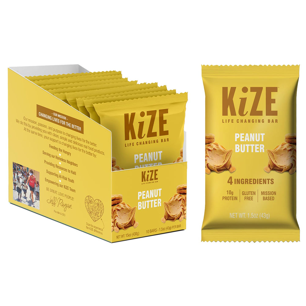 KiZE Energy Bars Peanut Butter packaging highlighting gluten-free, high-protein snack on the go