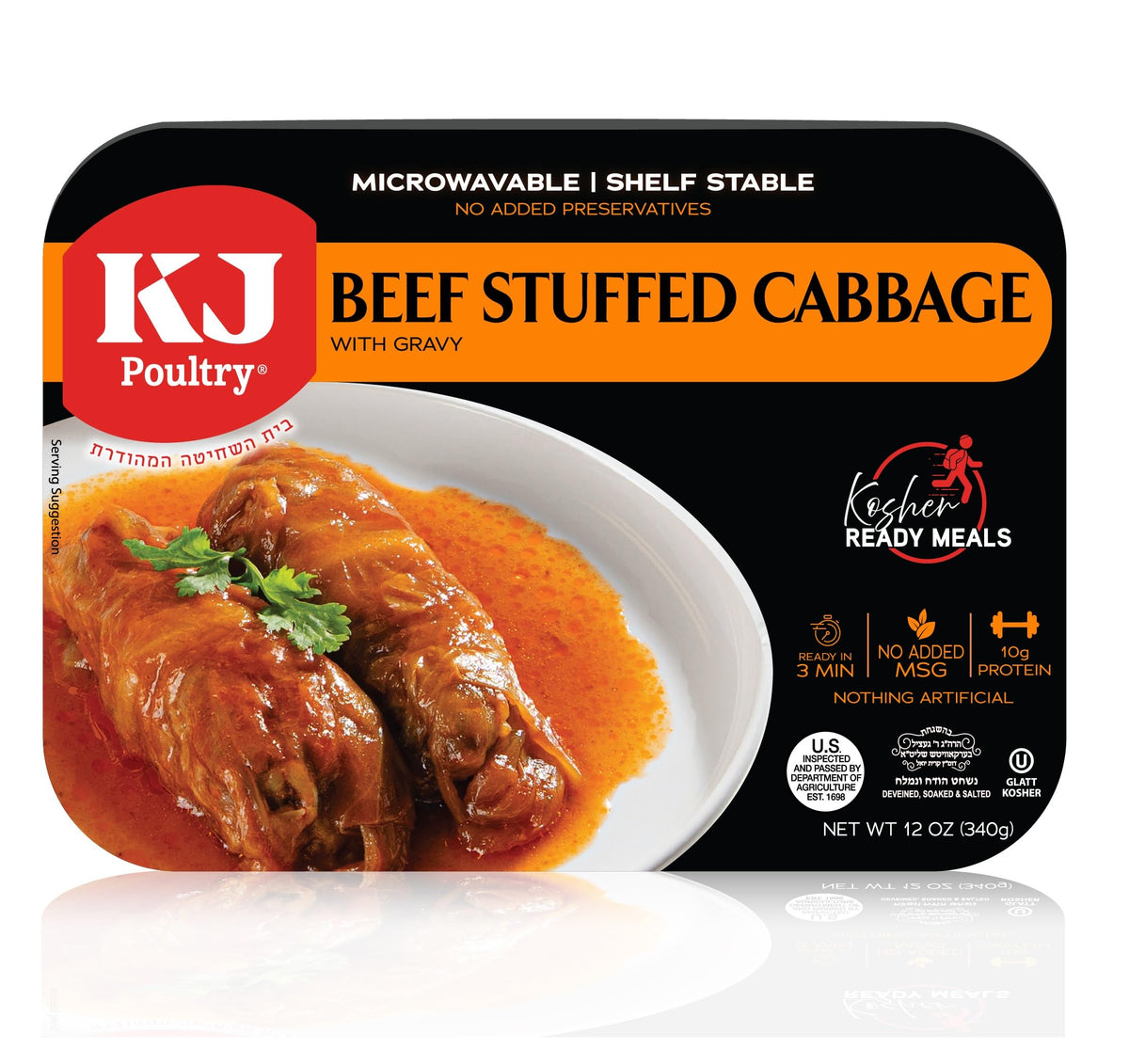 KJ Poultry Beef Stuffed Cabbage Rolls in a microwavable tray, ready for quick kosher meals.