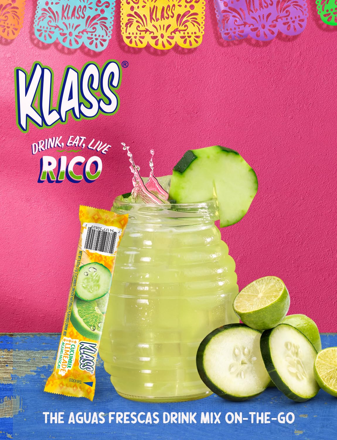 Klass Aguas Frescas powder packets poured into water in a glass.