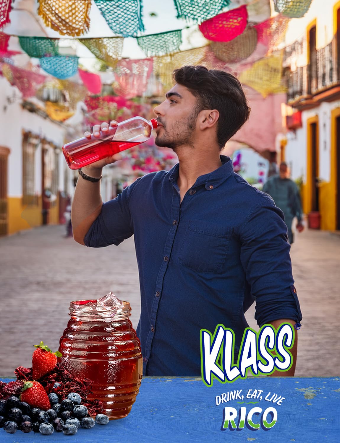 Glass shows a refreshing Klass Aguas Frescas drink after shaking with bright color.