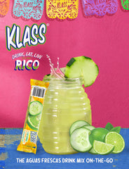 Klass Aguas Frescas glass with ice featuring cucumber-limeade ready to sip.