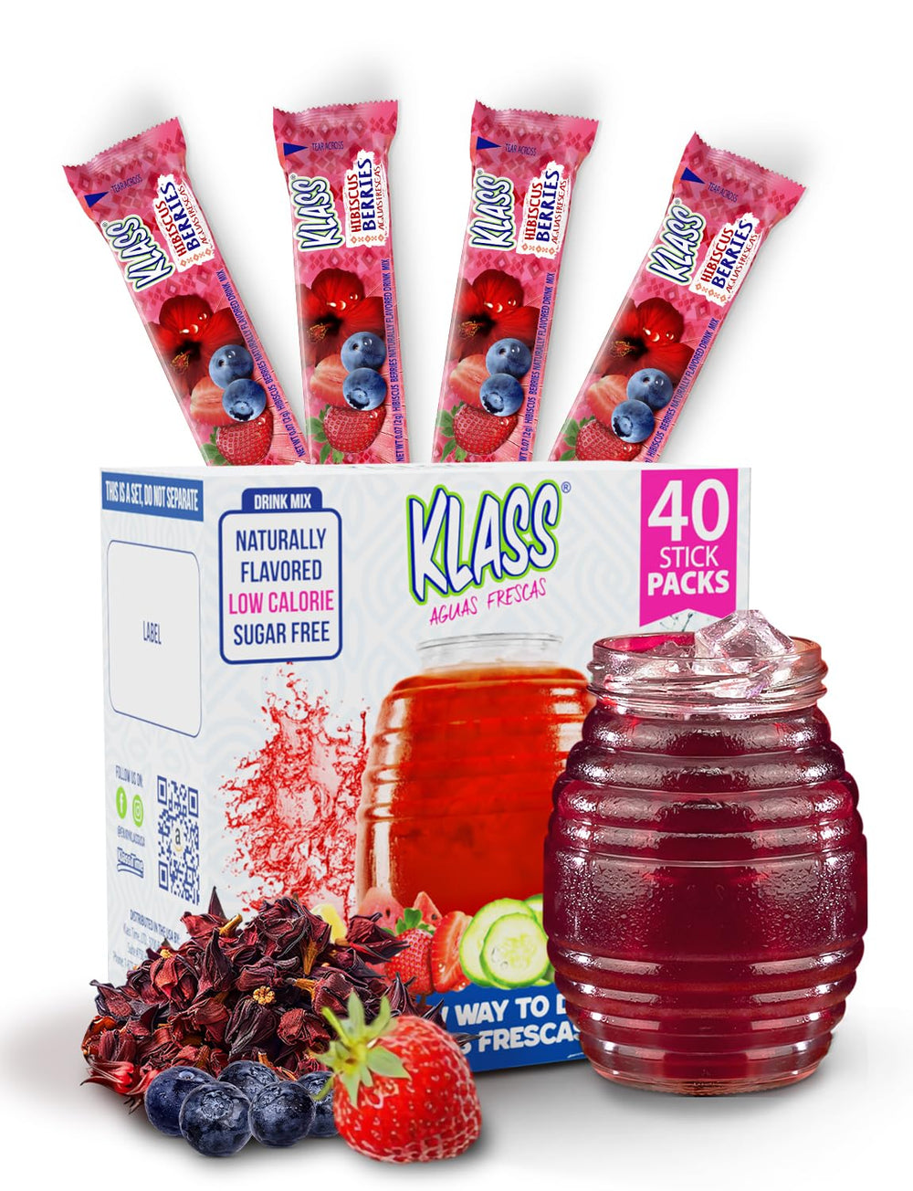 Klass Aguas Frescas Hibiscus Berries stick pack box for travel and refreshment