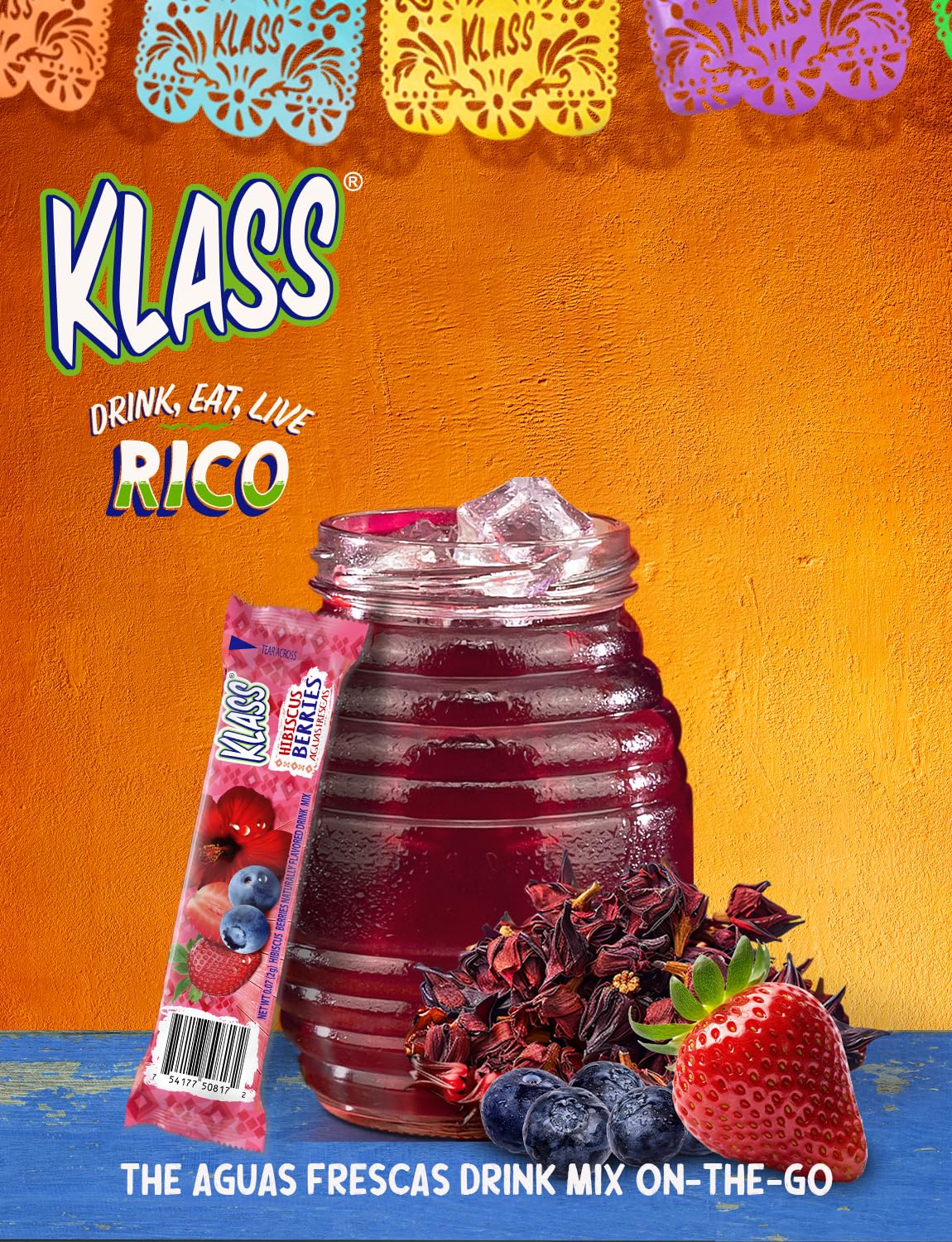 Sugar-free Klass Aguas Frescas Hibiscus Berries label highlights clean ingredients