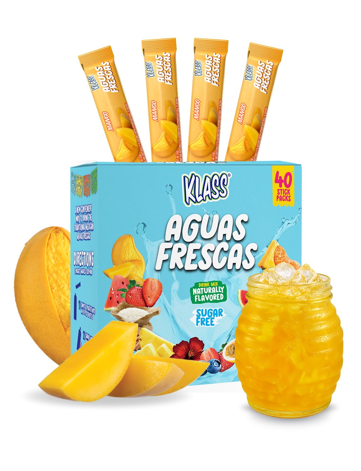 Klass Aguas Frescas Mango stick pack box for on-the-go hydration.