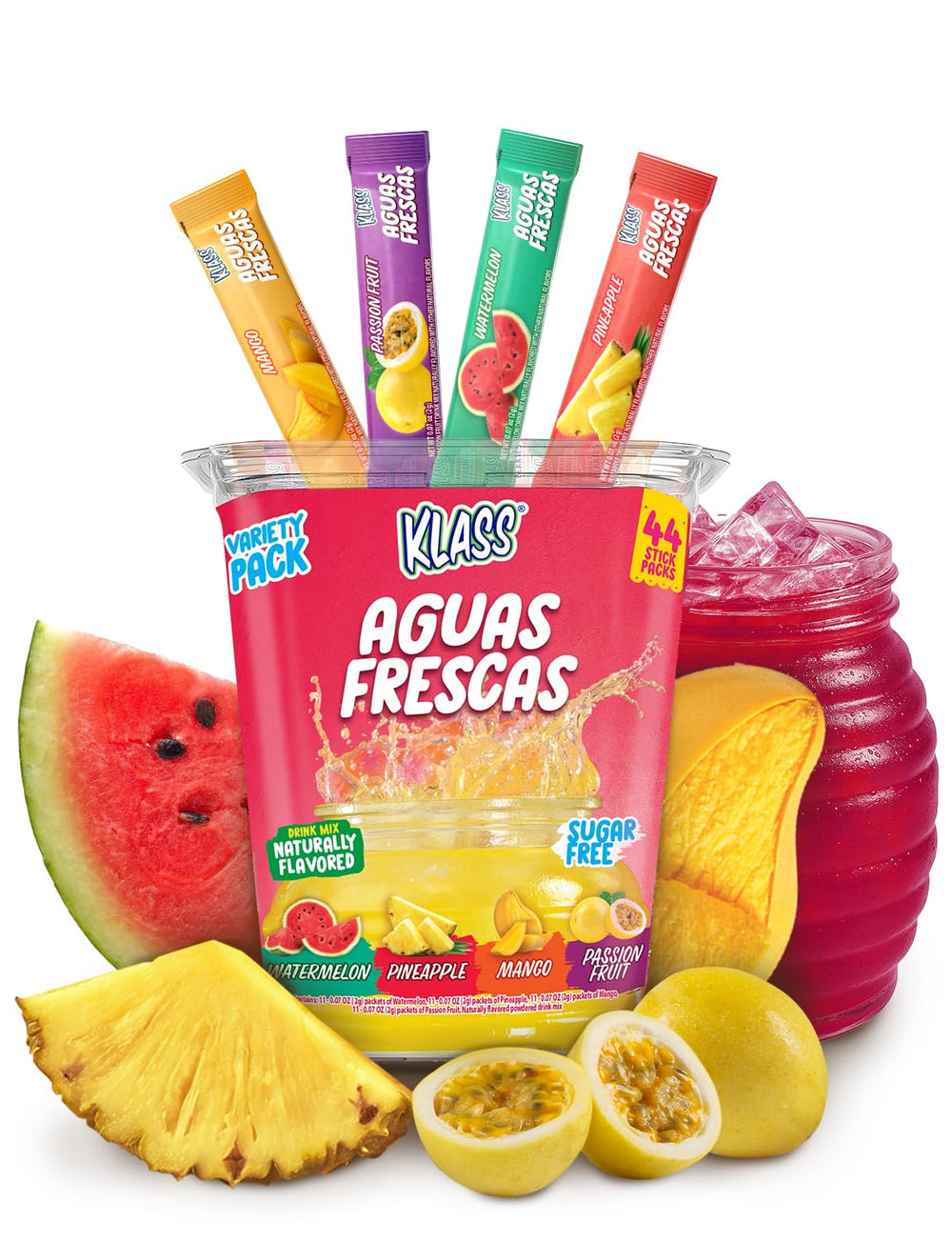 Klass Aguas Frescas mango flavor stick packet beside water for on-the-go hydration.