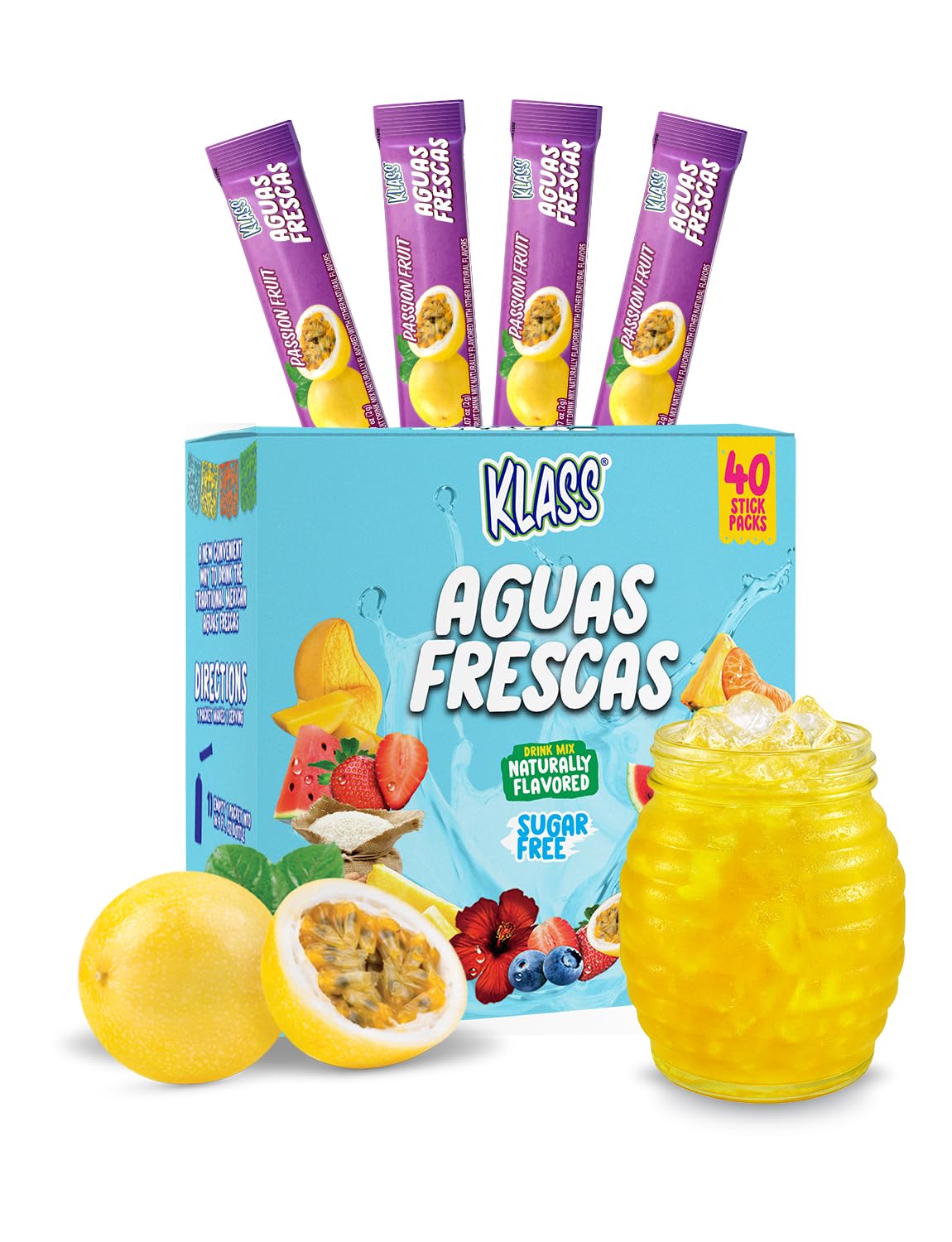 Klass Aguas Frescas passionfruit stick pack box for convenient on-the-go flavor.