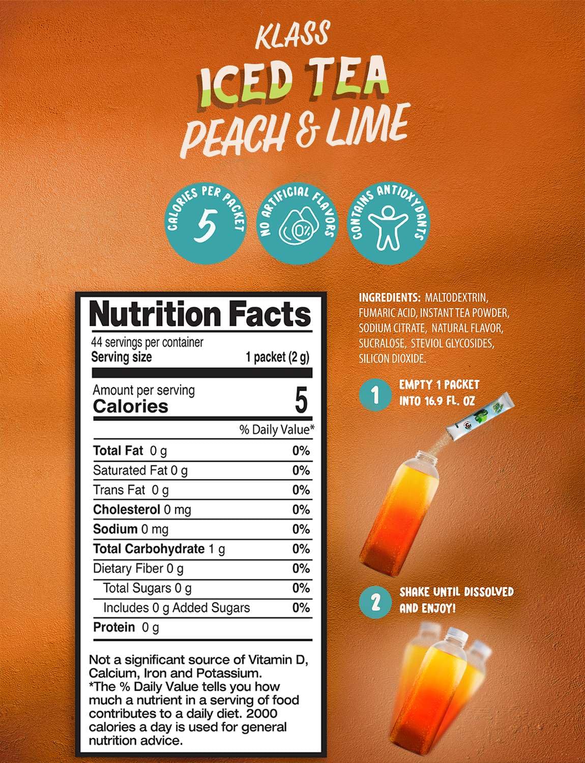Klass Peach tea stick pack shows sugar-free flavor ready to mix