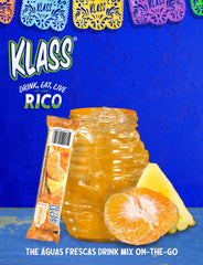 Close-up of Klass Aguas Frescas pineapple-tangerine powder showing natural flavors.