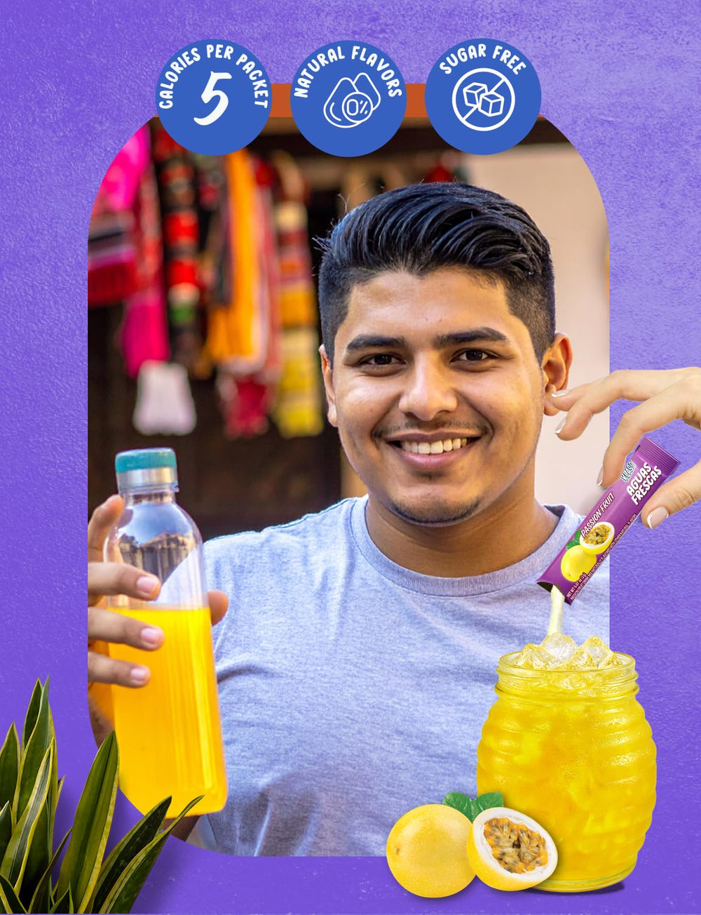 Close-up of Klass Aguas Frescas passionfruit stick packet for quick hydration.
