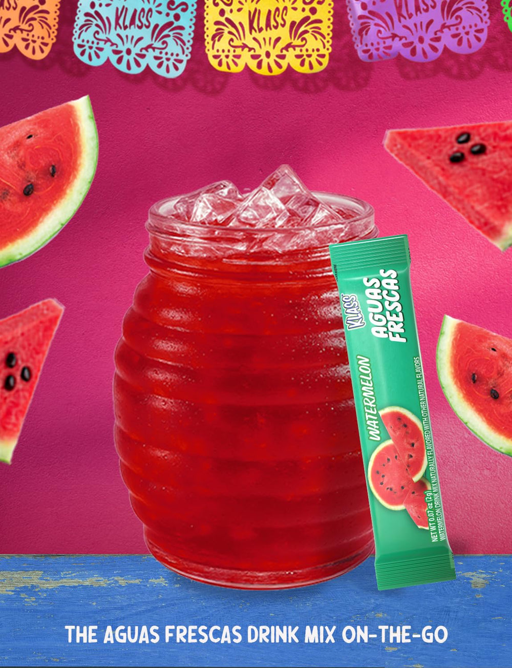 Klass Aguas Frescas sugar-free packets dissolving in water for a light drink.
