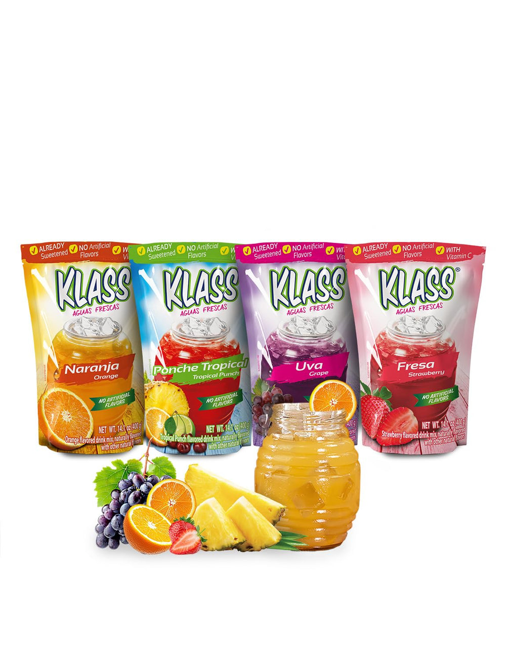 Klass Aguas Frescas tropical variety pack front label showing flavors and branding