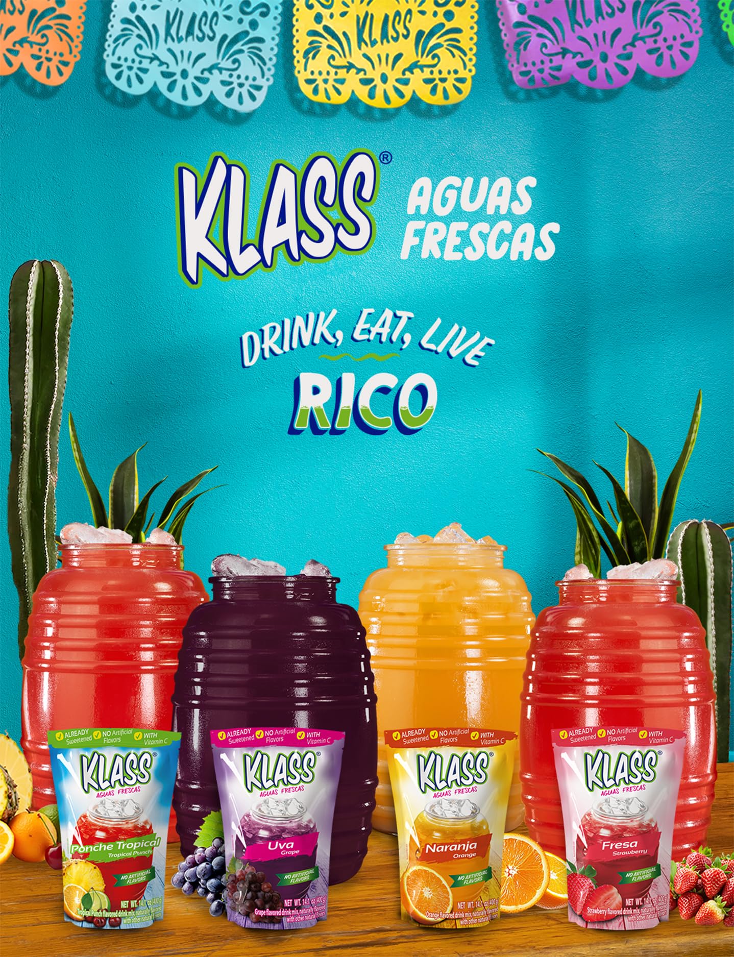 Vitamin C information on Klass Aguas Frescas packaging for hydration support