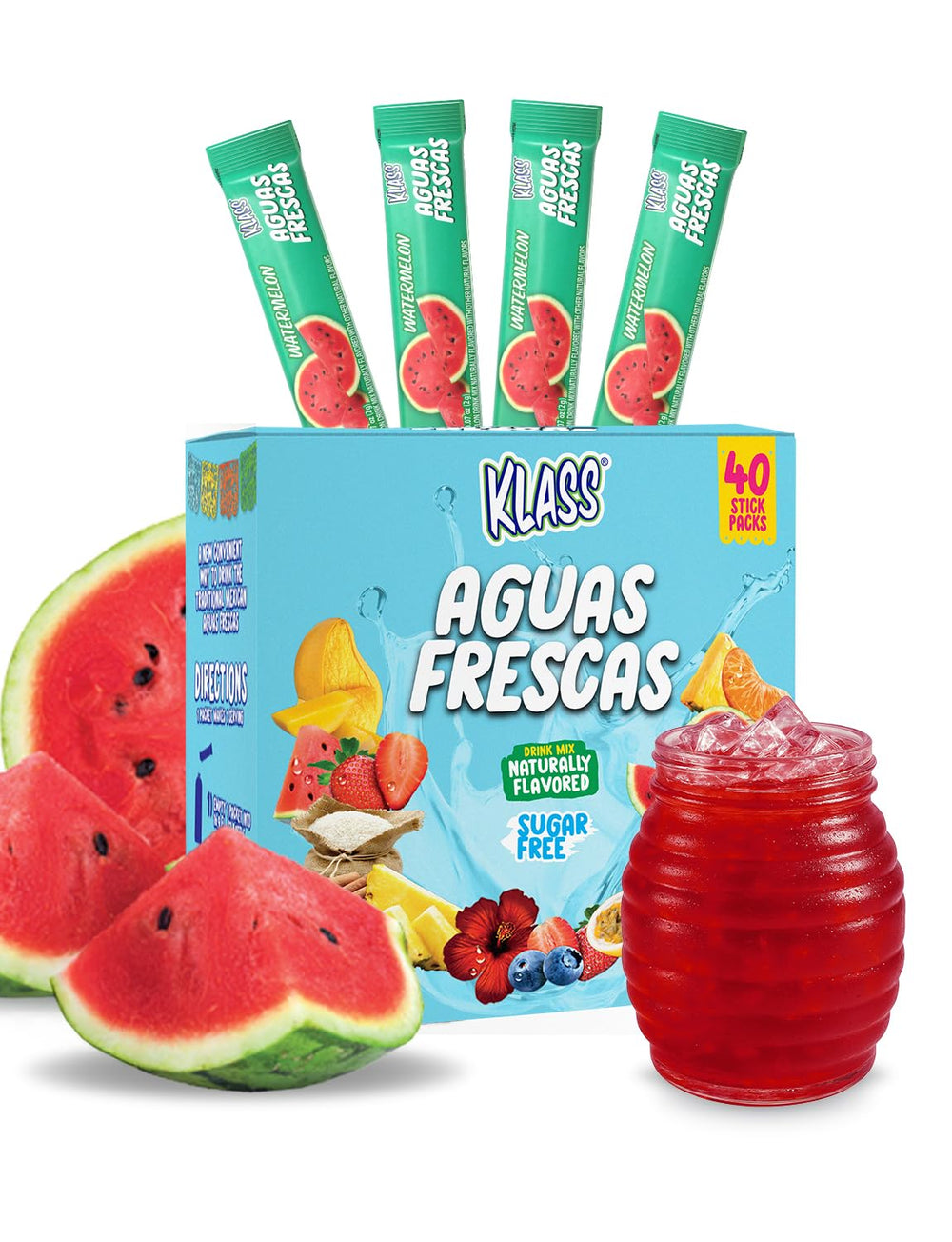 Klass Aguas Frescas Watermelon stick packets ready to mix for on-the-go hydration.