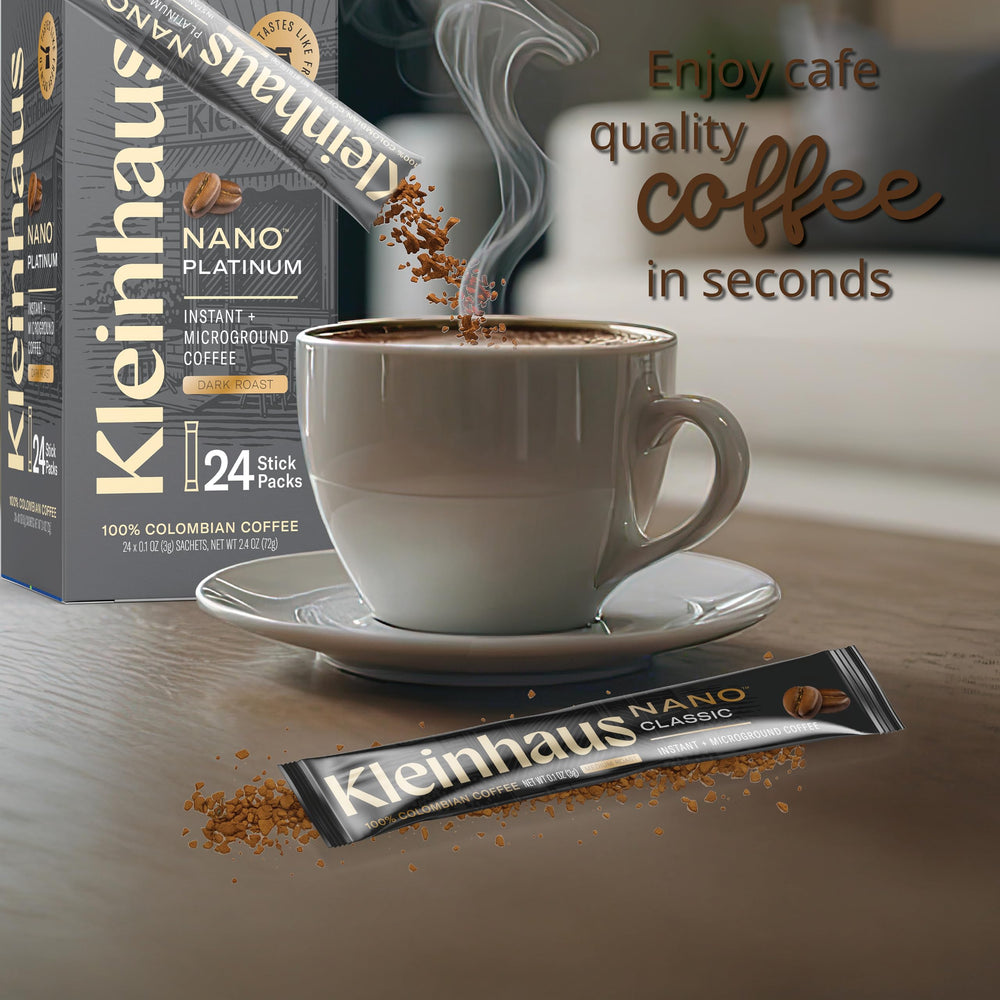 Kleinhaus Nano Instant Coffee packet pouring into hot water for aroma