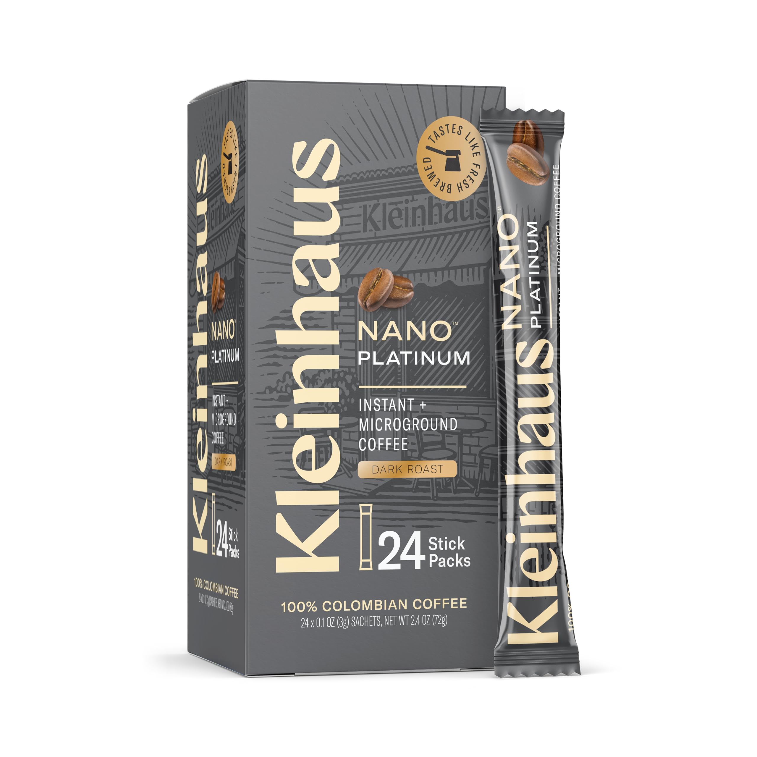 Kleinhaus Dark Roast Nano Instant Coffee Packets pack shot for quick premium coffee