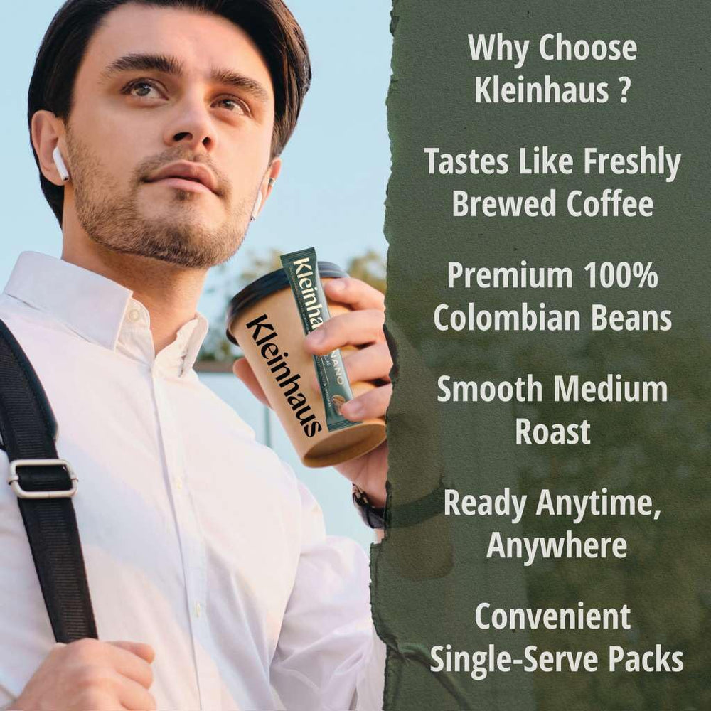 Kleinhaus Freeze-Dried Coffee dissolves quickly for hot or cold beverages.