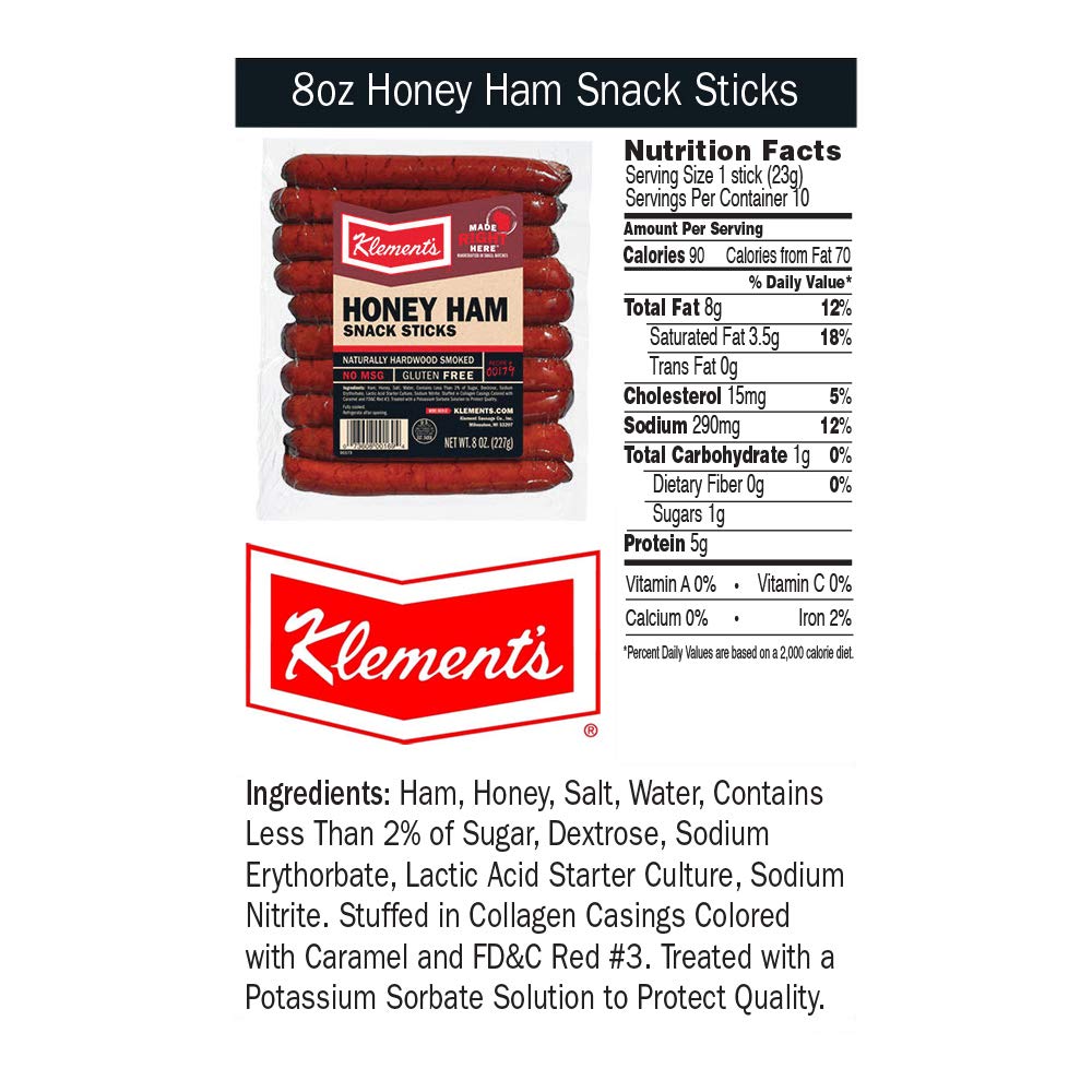 Klement's honey ham sticks bite, gluten-free and MSG-free snack for on-the-go fueling.